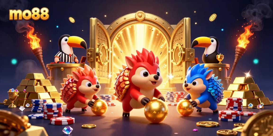 Experience thrilling action at mo88 with rival pangolins rolling chips and treasure in a vibrant casino scene.