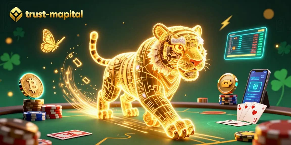 Engage with trust-m-capital's interactive online poker landscape featuring a neon tiger and poker elements.