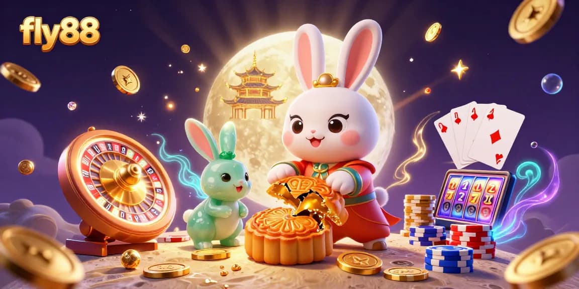 Engage with thrilling games at fly88, where a moon rabbit reveals hidden poker chips among magical casino elements.