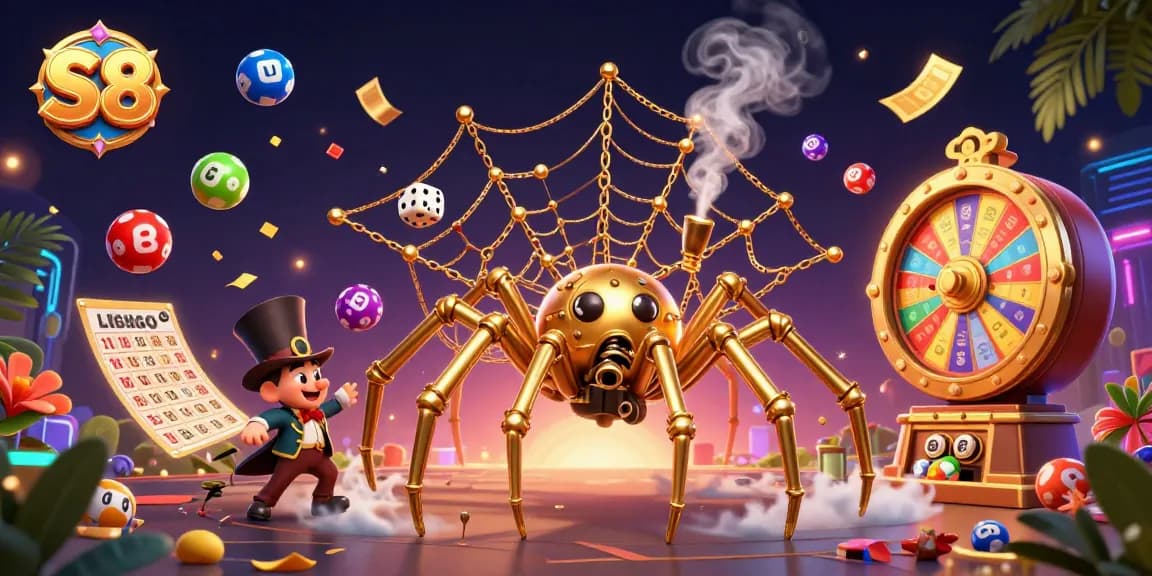 S8 entices players with a lively steampunk scene featuring golden chains and colorful lottery elements.