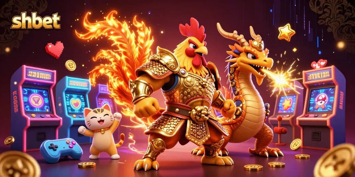 Engage with shbet's thrilling adventures featuring a rooster warrior and dragon hatchling amidst vibrant casino elements.