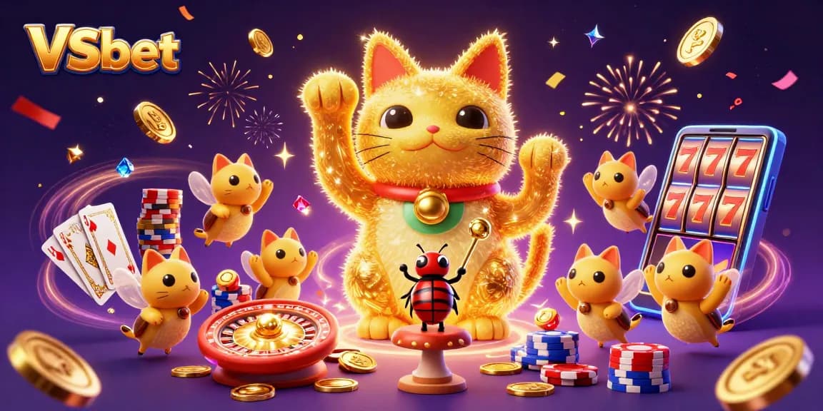 Win big with VSbet at this vibrant casino illustration featuring lucky cat and golden treasures.