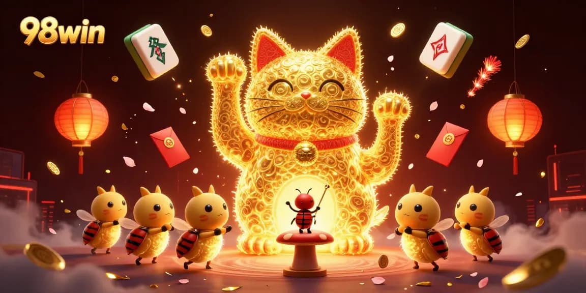Experience the excitement of 98win with a captivating illustration featuring a lucky cat and vibrant casino elements.