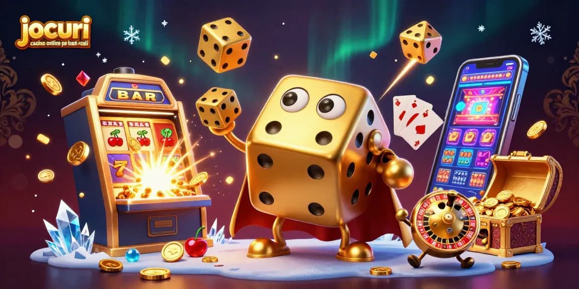 Jocuri casino online pe bani reali: ilustrație 3D dinamică cu păcănele și simboluri de câștig.