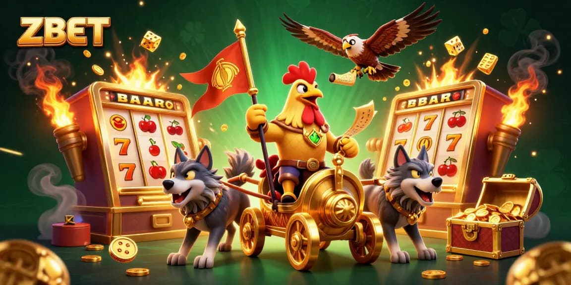ZBET showcases an exciting 3D illustration of slot machines and vibrant casino action.