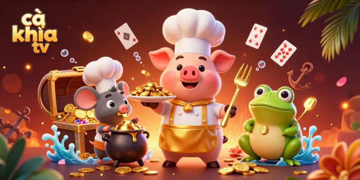 Cà khịa tv showcases a vibrant scene with characters celebrating the thrill of gaming, surrounded by sparkling coins and playful elements.