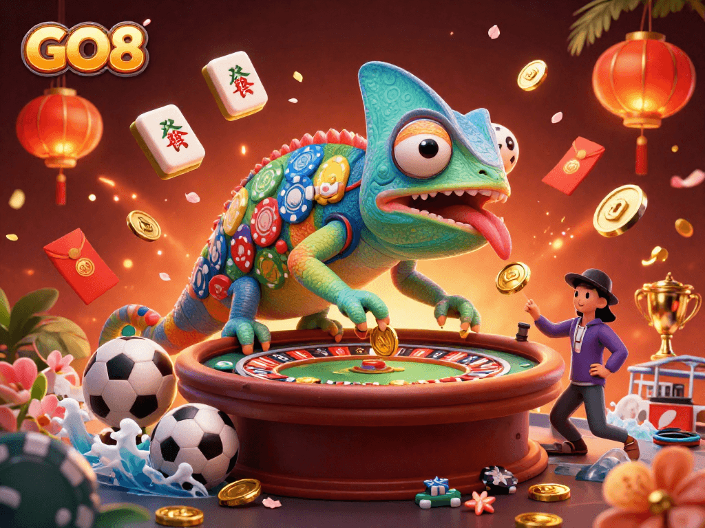 Engage in exhilarating gaming at GO8 with a colorful chameleon casino owner amidst vibrant sports betting elements.