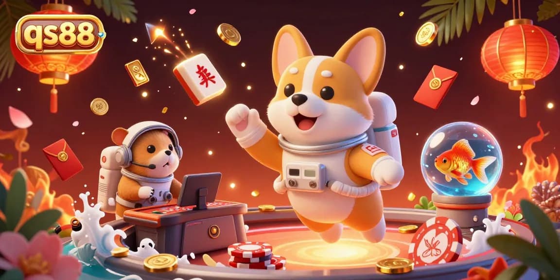 Experience excitement at qs88 with a colorful casino scene featuring a space-faring corgi and gaming elements.