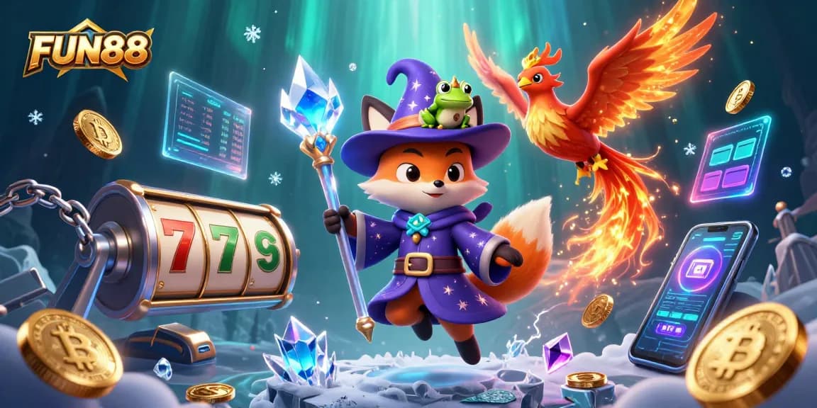 Join FUN88 for thrilling slot action surrounded by vibrant casino elements and mystical characters.