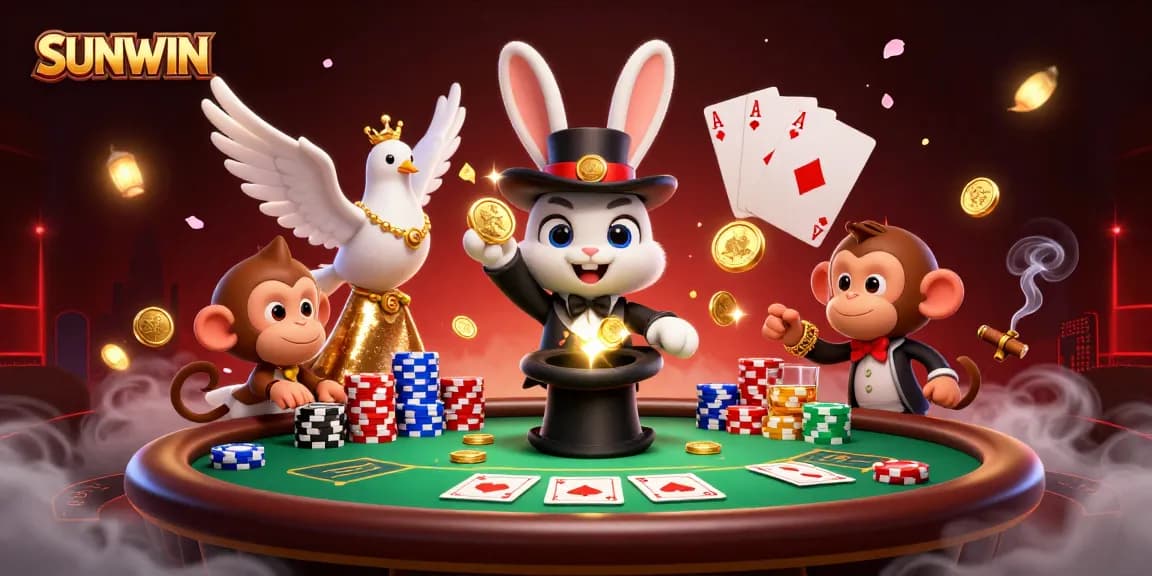 Experience SUNWIN's captivating magic as a cartoon magician rabbit pulls gold coins while surrounded by gambling excitement.