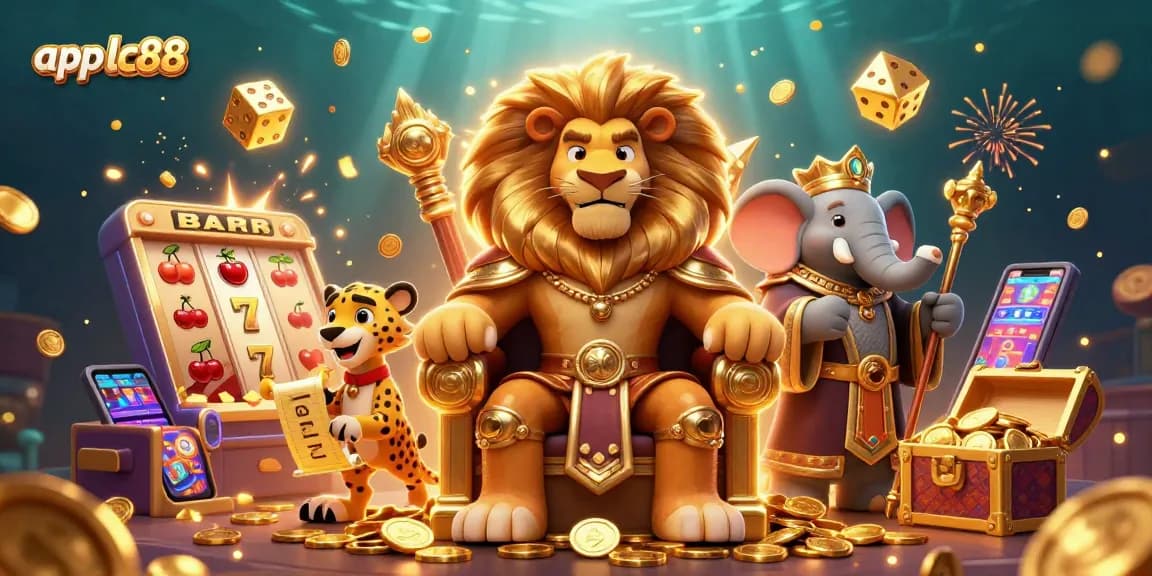 Engage with app lc88 in a vibrant online casino scene featuring a majestic lion, wise elephant, and quick cheetah.