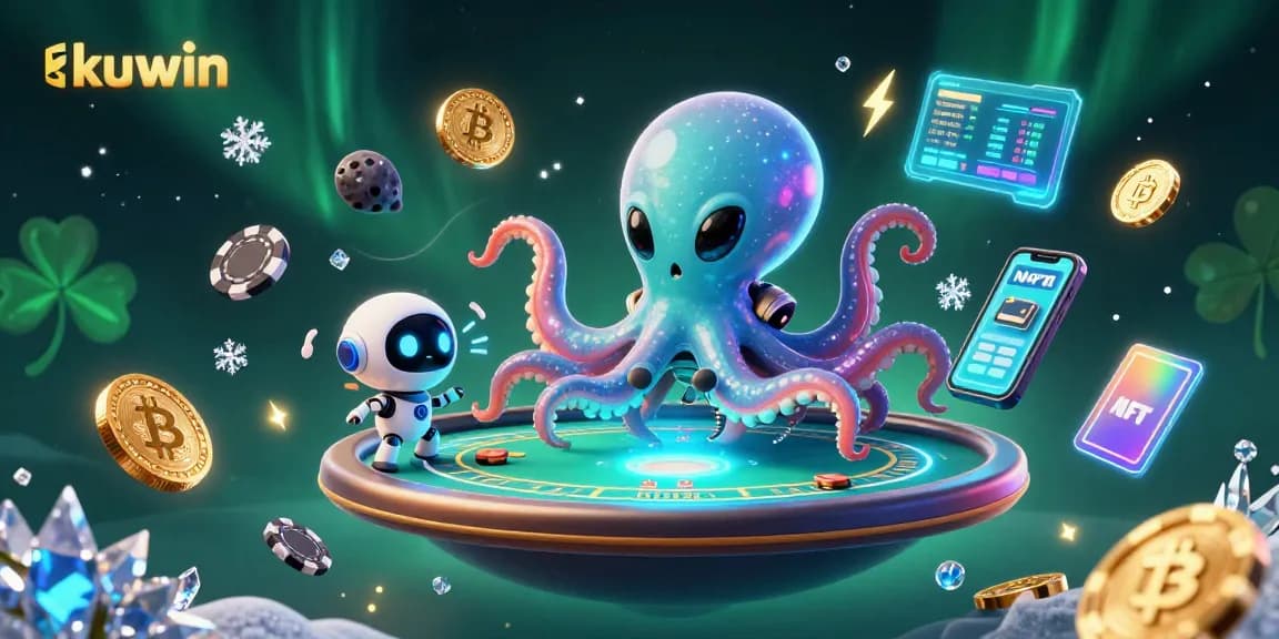 Kuwin's exciting casino scene where an alien octopus engages in holographic poker amidst Bitcoin and Ethereum coins.