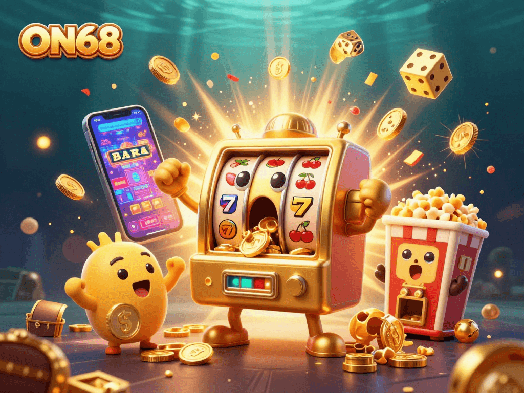 Watch ON68's golden slot machine hit the jackpot as coins burst from its mouth among cheering baby slots and colorful game elements.