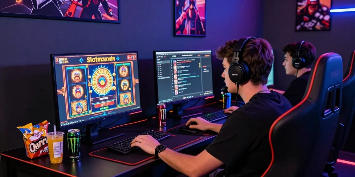 Slotmaxwin online gaming scene with player at vibrant gaming desk.