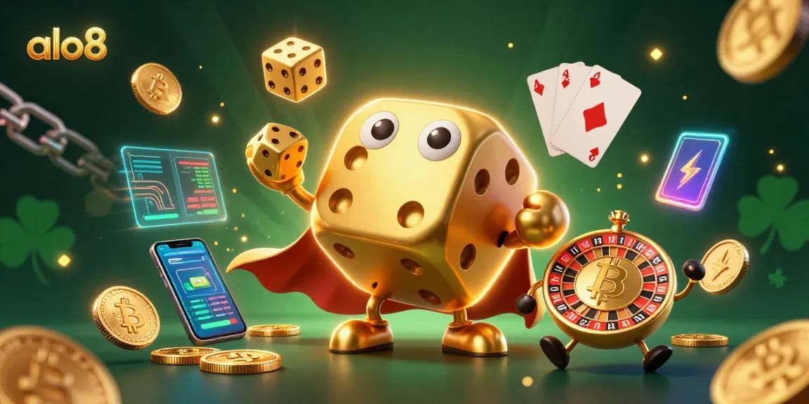 Experience thrilling gaming action with the alo8 platform, featuring dynamic golden dice and blockchain elements.