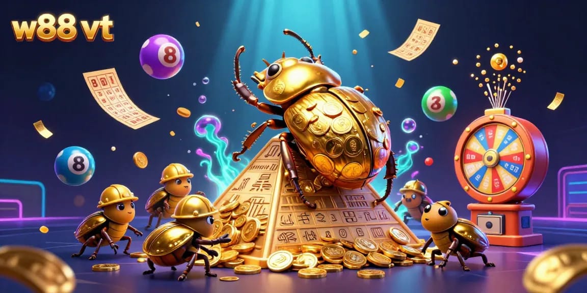 Trải nghiệm game hấp dẫn tại W88 VT với bọ hung vàng, biểu tượng xổ số và tiền vàng lấp lánh.