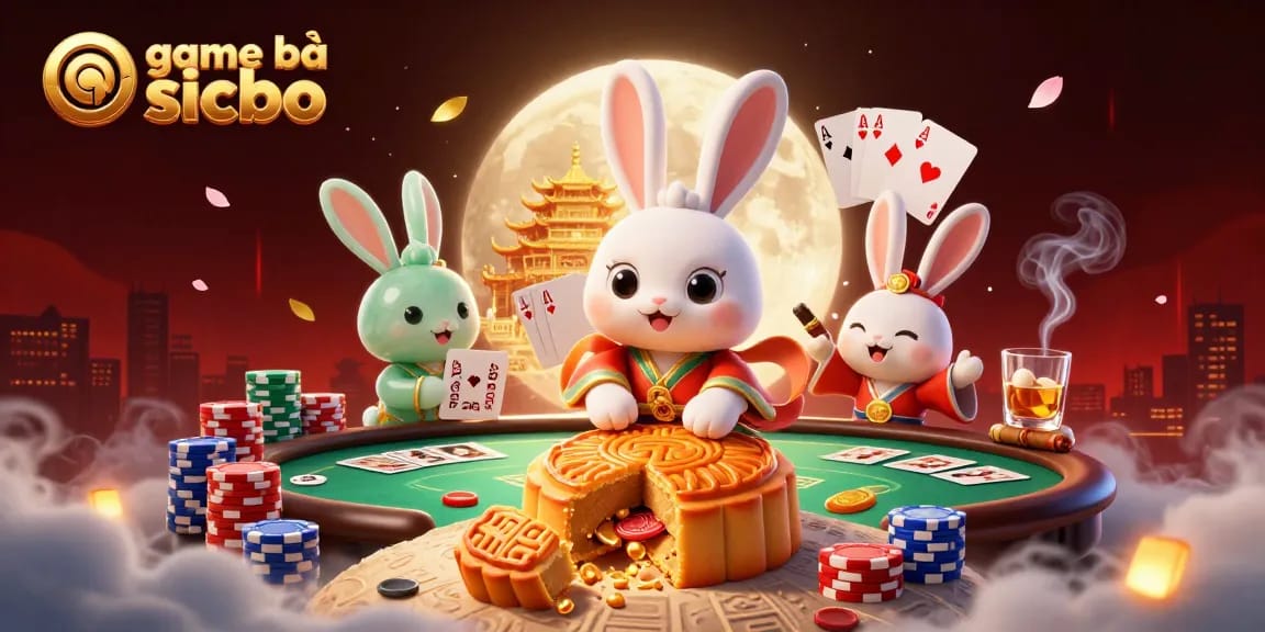 Play game bài sicbo with a vibrant 3D illustration of a lunar scene featuring lively characters and dynamic poker elements.
