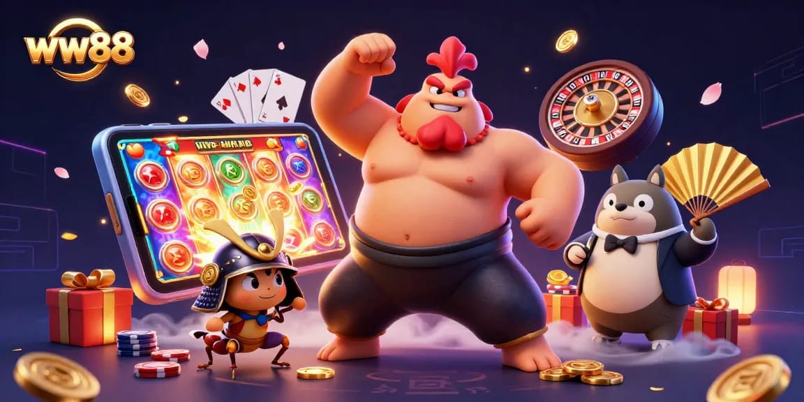 Experience thrilling wins with ww88 in this vibrant 3D illustration showcasing exciting gaming elements and characters.