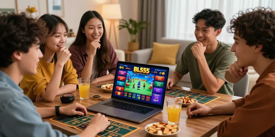 Friends enjoying a lively betting session on the BL555 platform, showcasing excitement and interaction.
