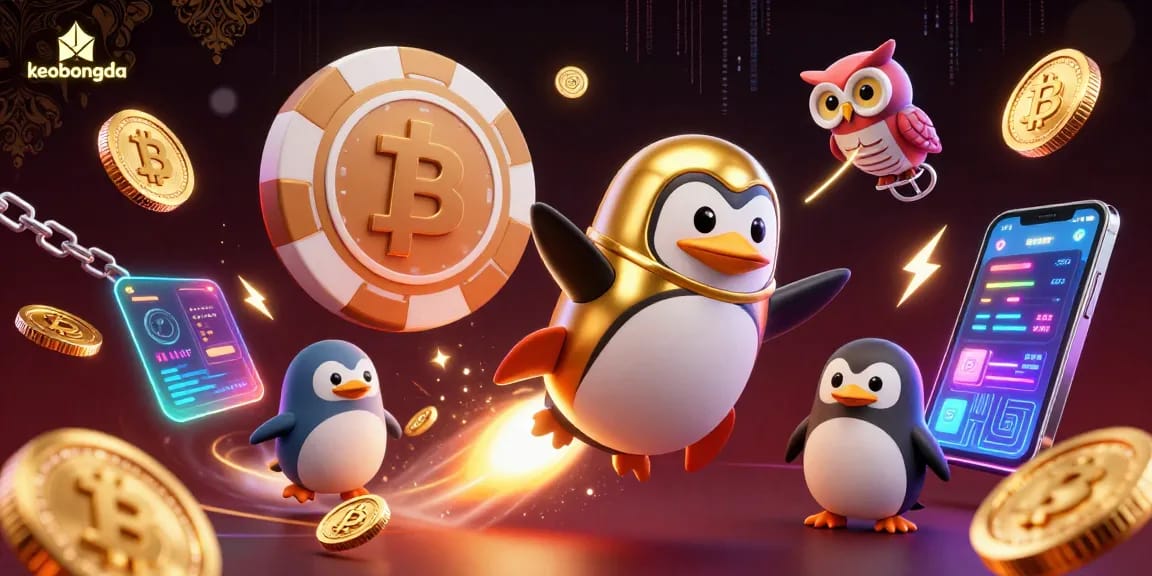 Engage with keobongda in thrilling sports betting adventures featuring a golden penguin soaring through space.