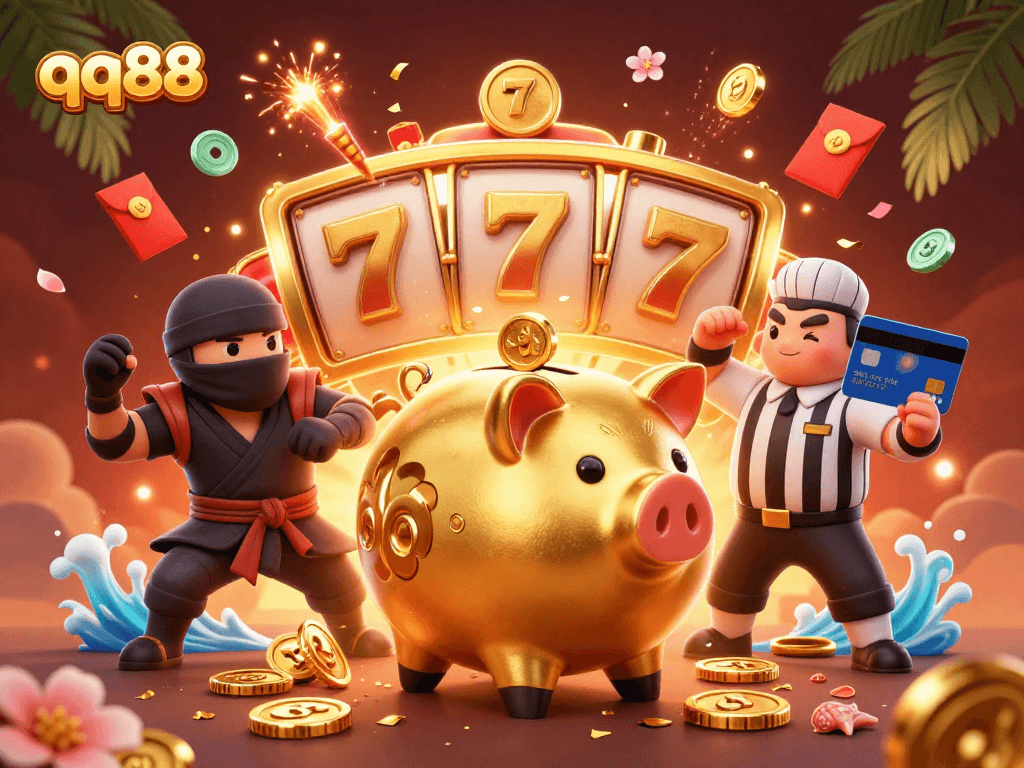 Celebrities at qq88 engage in thrilling slot play with a sumo wrestler, ninja, and referee in an animated scene.