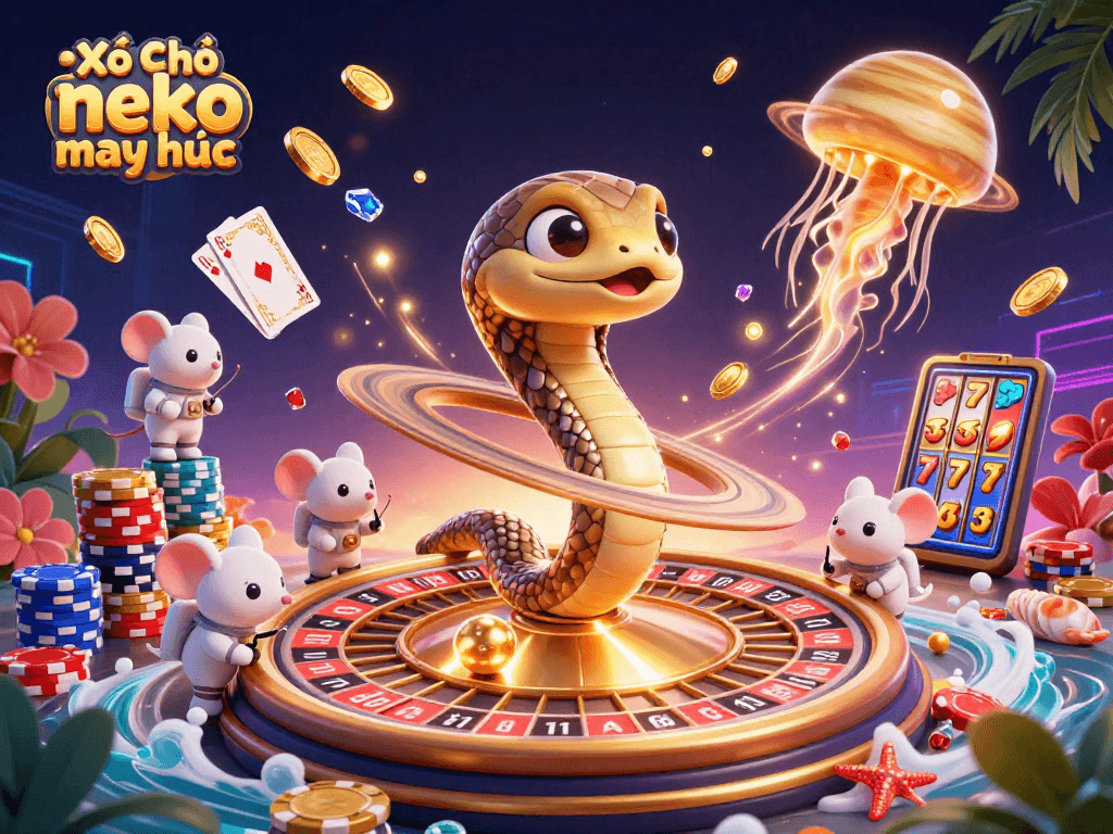 Bet on Xổ Số neko may mắn with vibrant cosmic elements in a 3D cartoon casino scene.