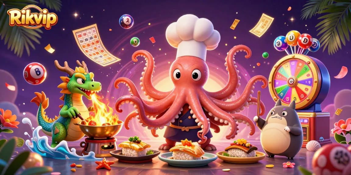 Engage in Rikvip casino action with vibrant 3D cartoon illustration featuring exciting gambling elements.