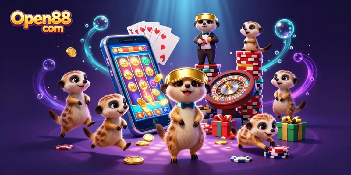 Experience thrilling gameplay at Open88 com with animated meerkats managing a bustling casino.