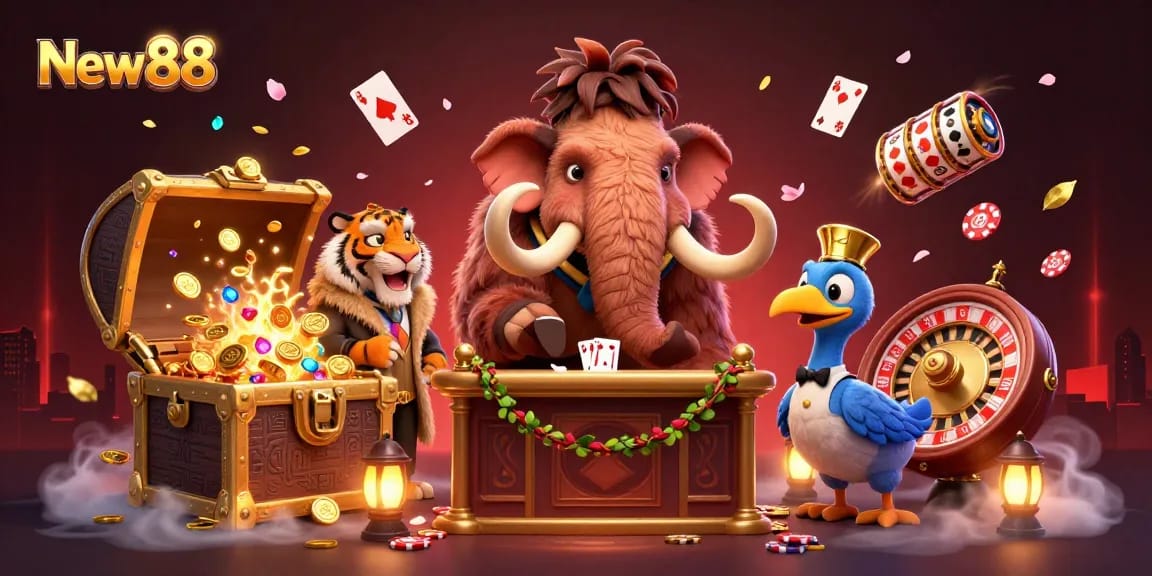 Experience thrilling gaming action at New88 with lively casino characters and dynamic elements.
