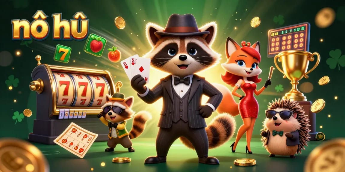 Nổ hũ illustration showcases raccoon and friends celebrating jackpot wins with dynamic casino elements