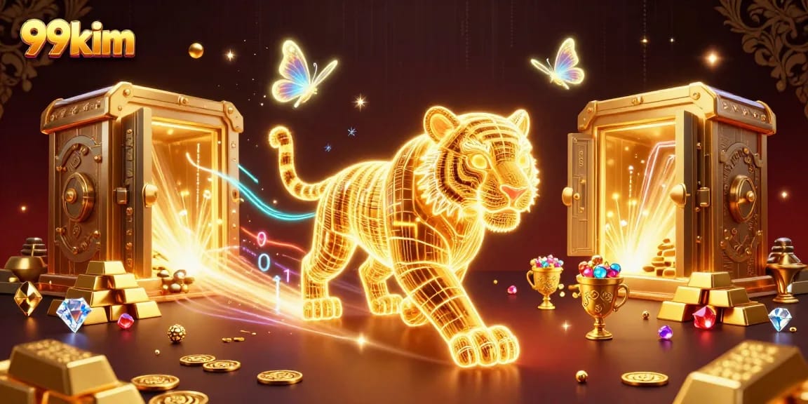 Bet on 99kim in a vibrant 3D casino scene with a golden tiger and treasure elements.