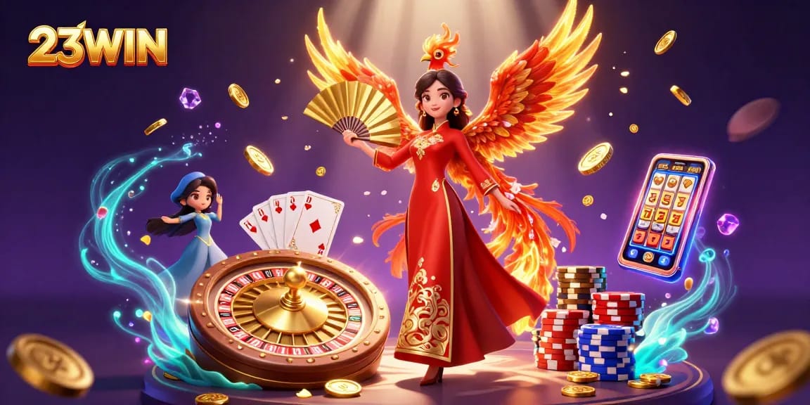 Experience victorious spins with 23WIN's vibrant 3D scene featuring a stunning ao dai and dynamic casino elements.