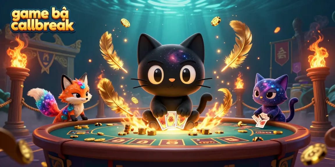 Engage in the thrilling game bài callbreak with a charismatic black hole cat and colorful nebula fox amidst a vibrant casino atmosphere.