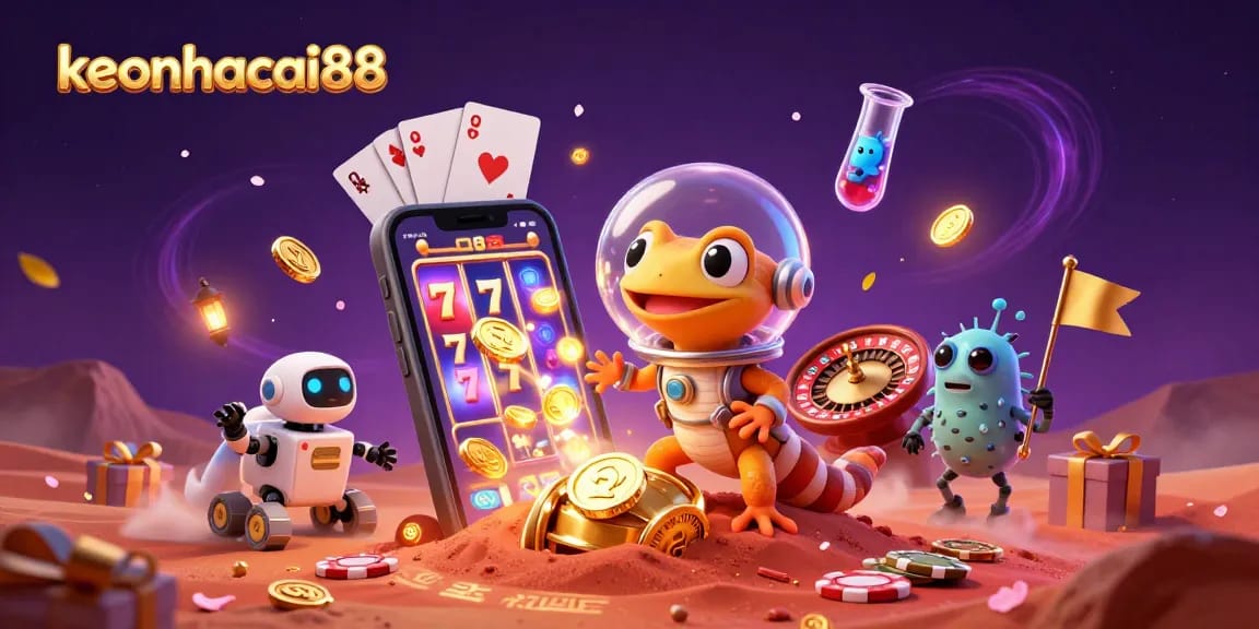 Engage with keonhacai88 in a vibrant casino adventure amidst Martian sands and cheering aliens.
