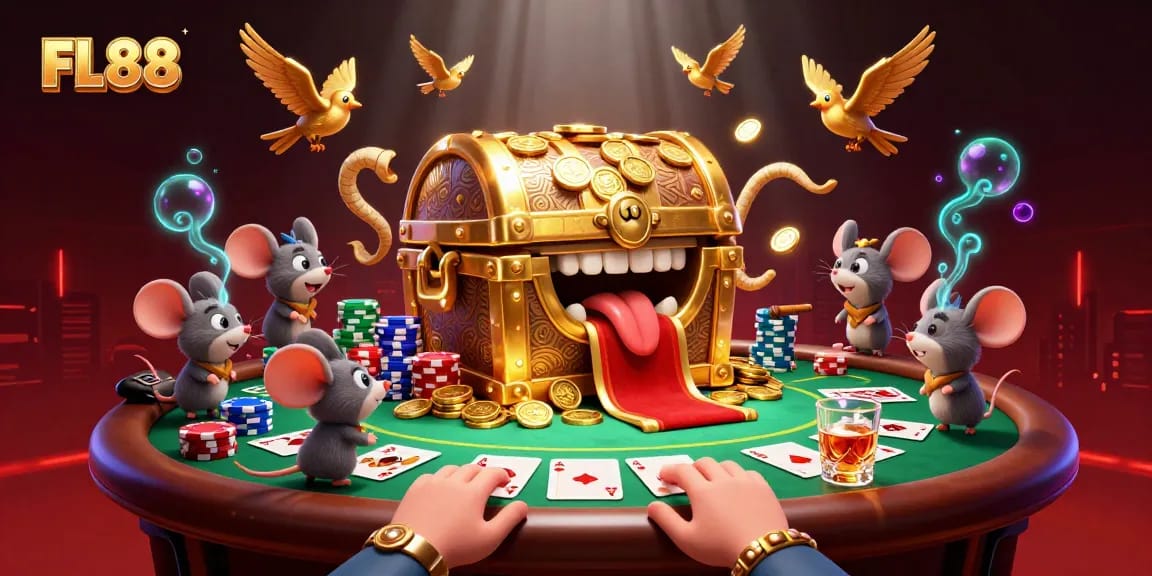 Experience thrilling gaming at FL88 with a vibrant illustration of adventure mice and golden treasures.