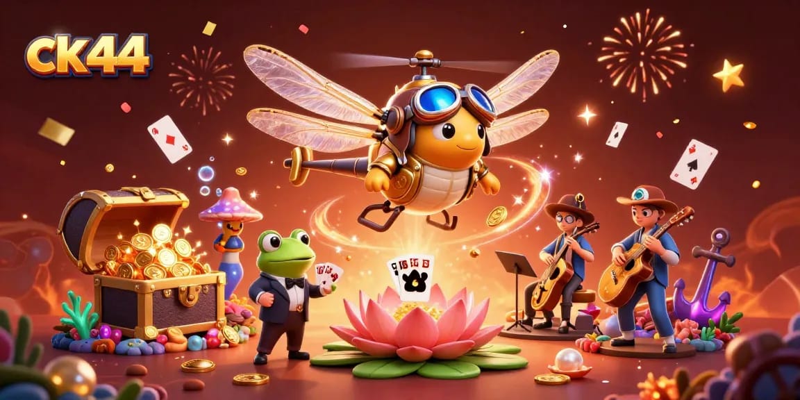 Engage with exhilarating gaming at ck 44 with vibrant 3D casino illustration featuring a dynamic dragonfly pilot and frog croupier.