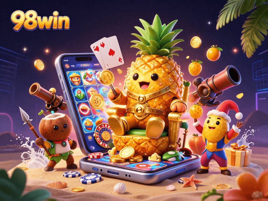 Engage with 98win's vibrant casino world featuring a golden pineapple king and exhilarating game elements.