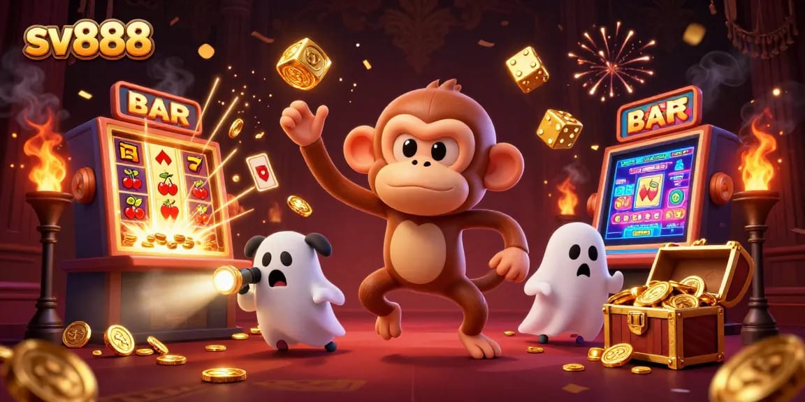Experience sv888's lively casino with a playful ghost monkey and curious puppy, filled with vibrant gaming action.