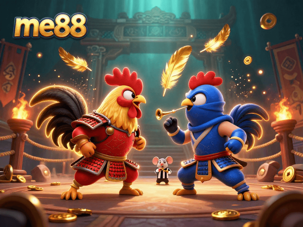 Engage in top-notch gambling action at me88 with dynamic fighting roosters in an exciting casino scene.