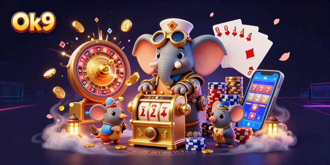 Experience exciting gameplay at Ok9, featuring a steampunk elephant engaging with glowing casino elements.