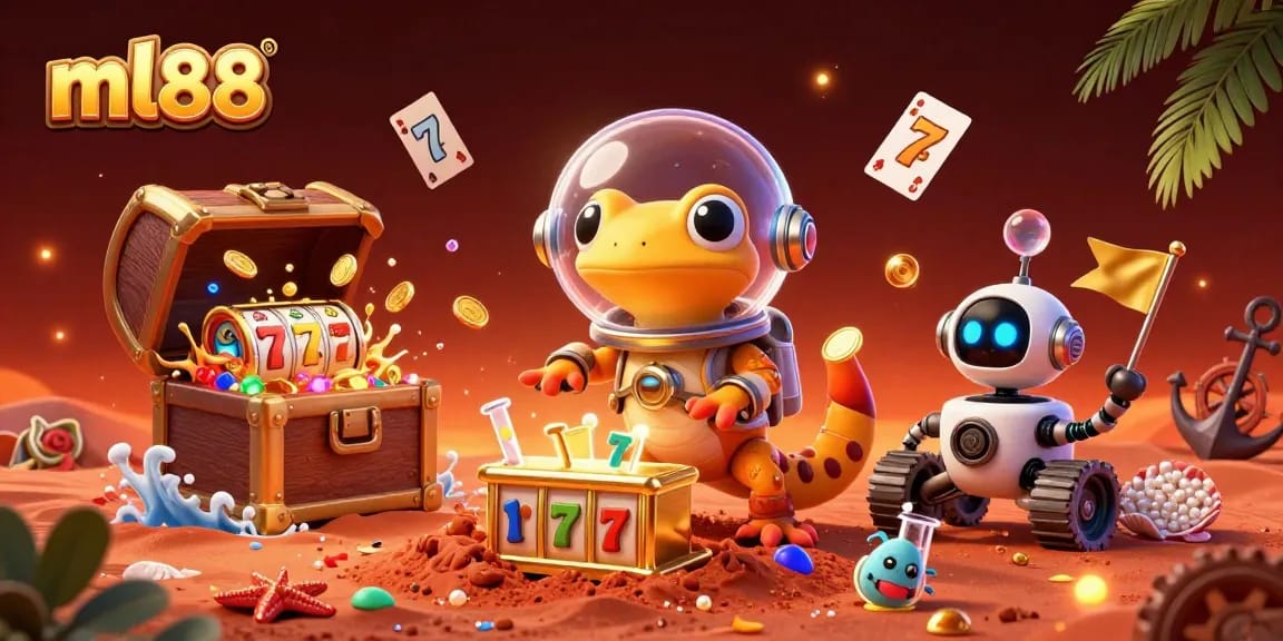 Win big with ml88 as a Martian gecko discovers a golden casino in this vibrant cosmic scene.
