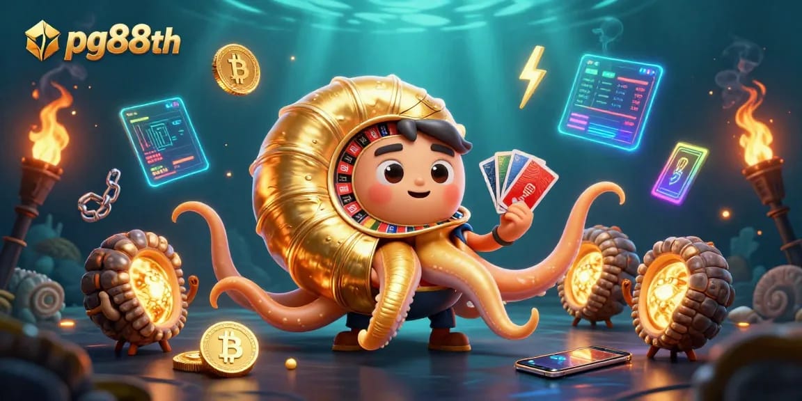 Engage with pg88th's vibrant casino scene featuring an ancient nautilus and glowing coins.
