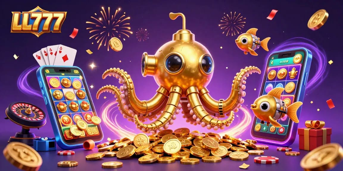 LL777's vibrant gaming experience illustrated with a golden kraken submarine, slot games, and festive elements.