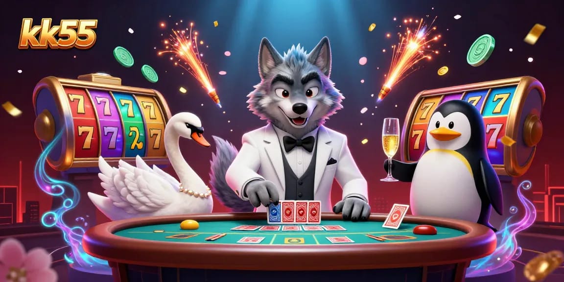 kk55 showcases an exciting casino scene with a debonair wolf at the baccarat table, enhancing the gambling experience.