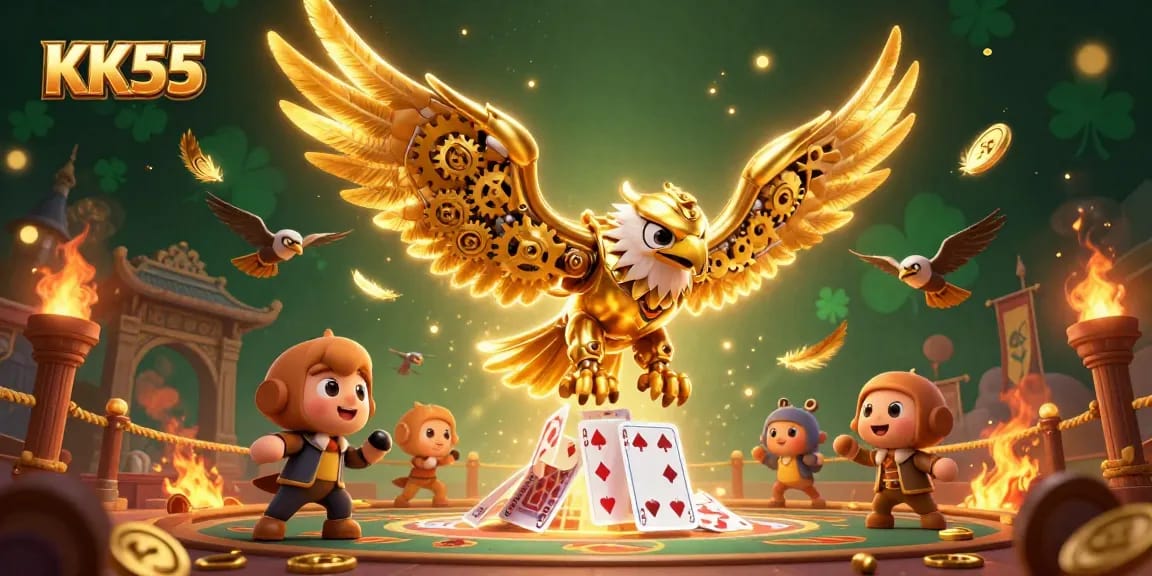 Engage in exhilarating gaming action with KK55, featuring a golden eagle amidst holographic cards.