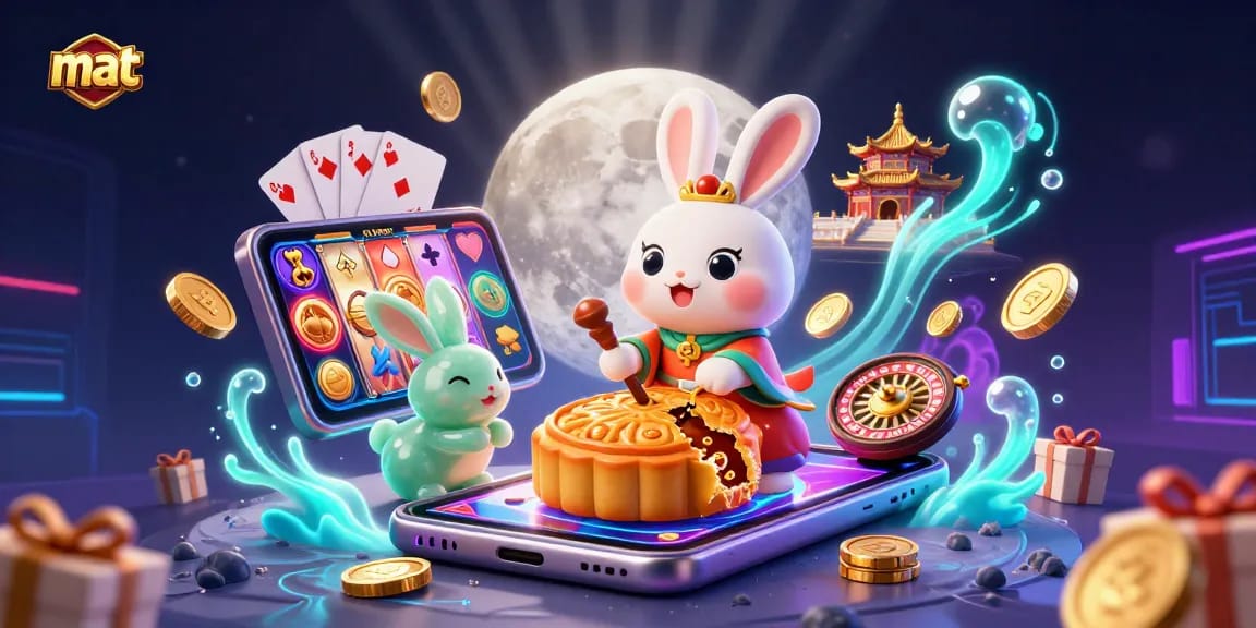 Engage in thrilling casino action as the moon rabbit reveals poker chips inside mooncakes at the mat online casino.