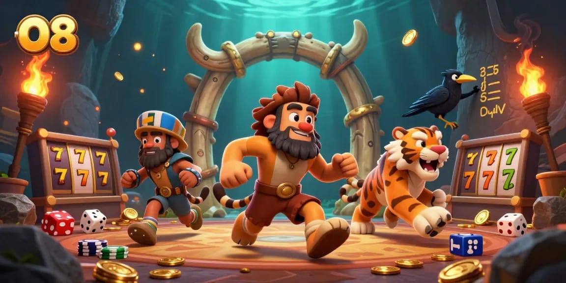 O8 engages players with a vibrant prehistoric casino featuring lucky 7s and golden jackpot elements.