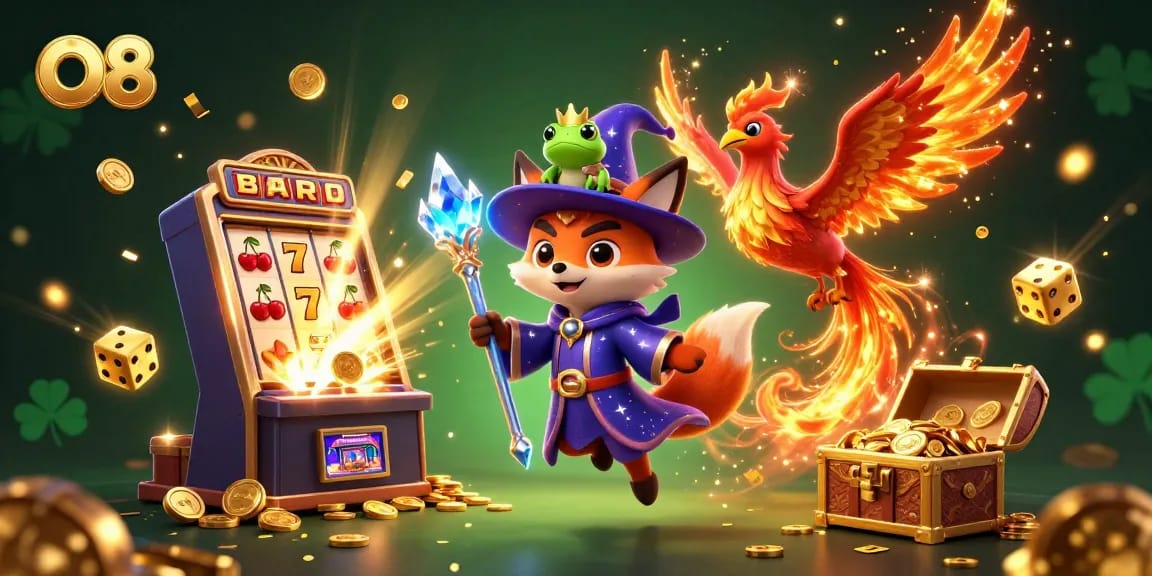 Experience thrilling wins with O8 in a vibrant 3D casino scene featuring unique characters and glorious jackpots.