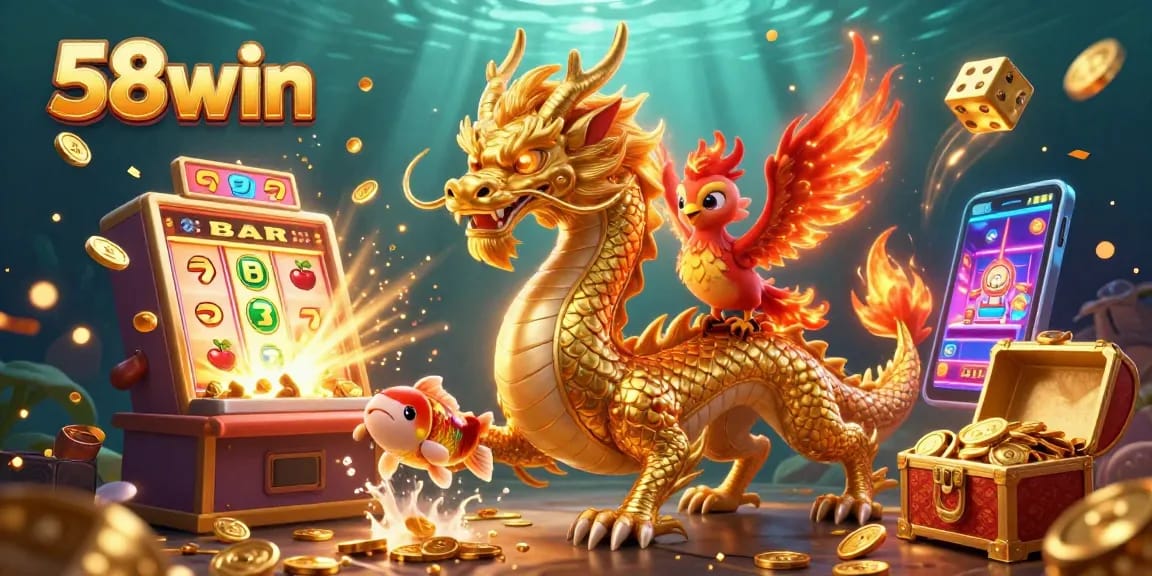 Experience the thrill of 58win with a vivid scene of slot machines and vibrant characters.