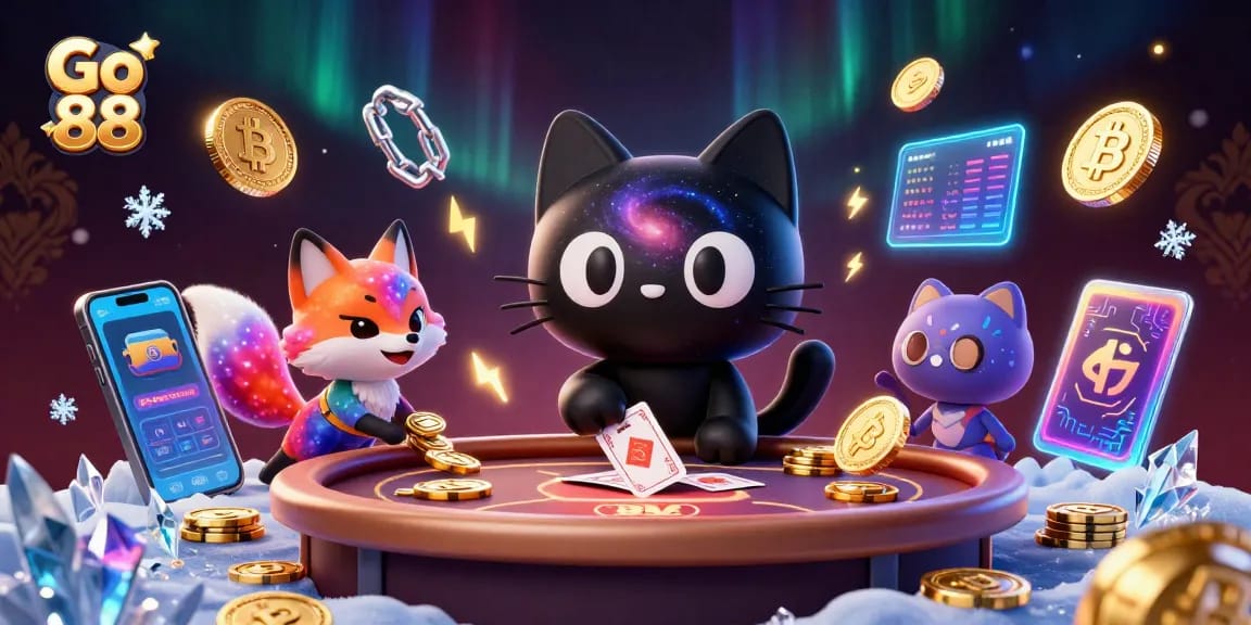 Experience the thrill of Go 88 with a cosmic casino scene featuring vibrant characters pulling in golden chips.